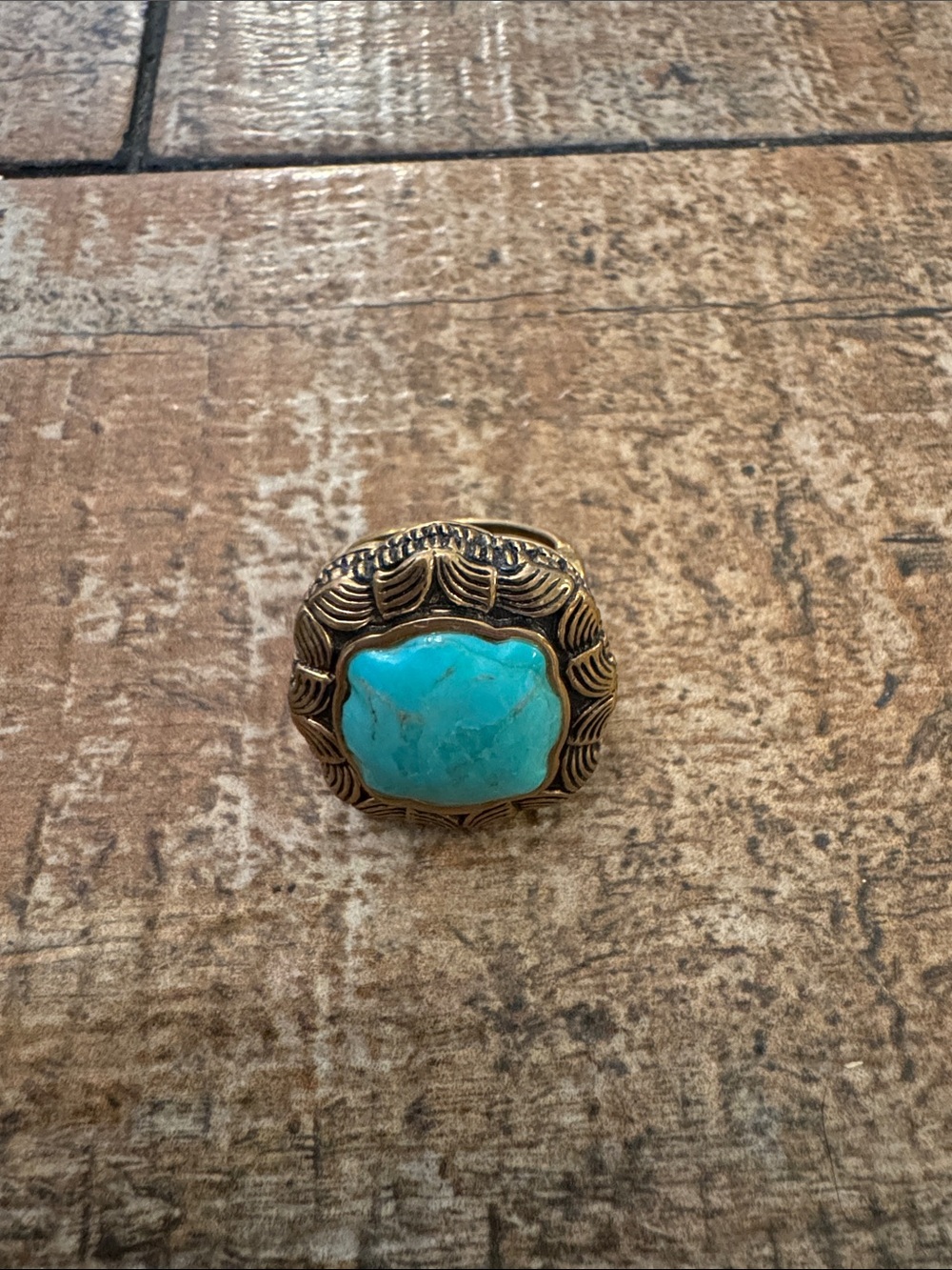 Bold Turquoise Cabochon Ring in Ornate Gold-Tone Setting